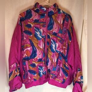 Vintage Laura Katherine Jacket Womens L Silk Abstract Print Retro 90s Pink Coat